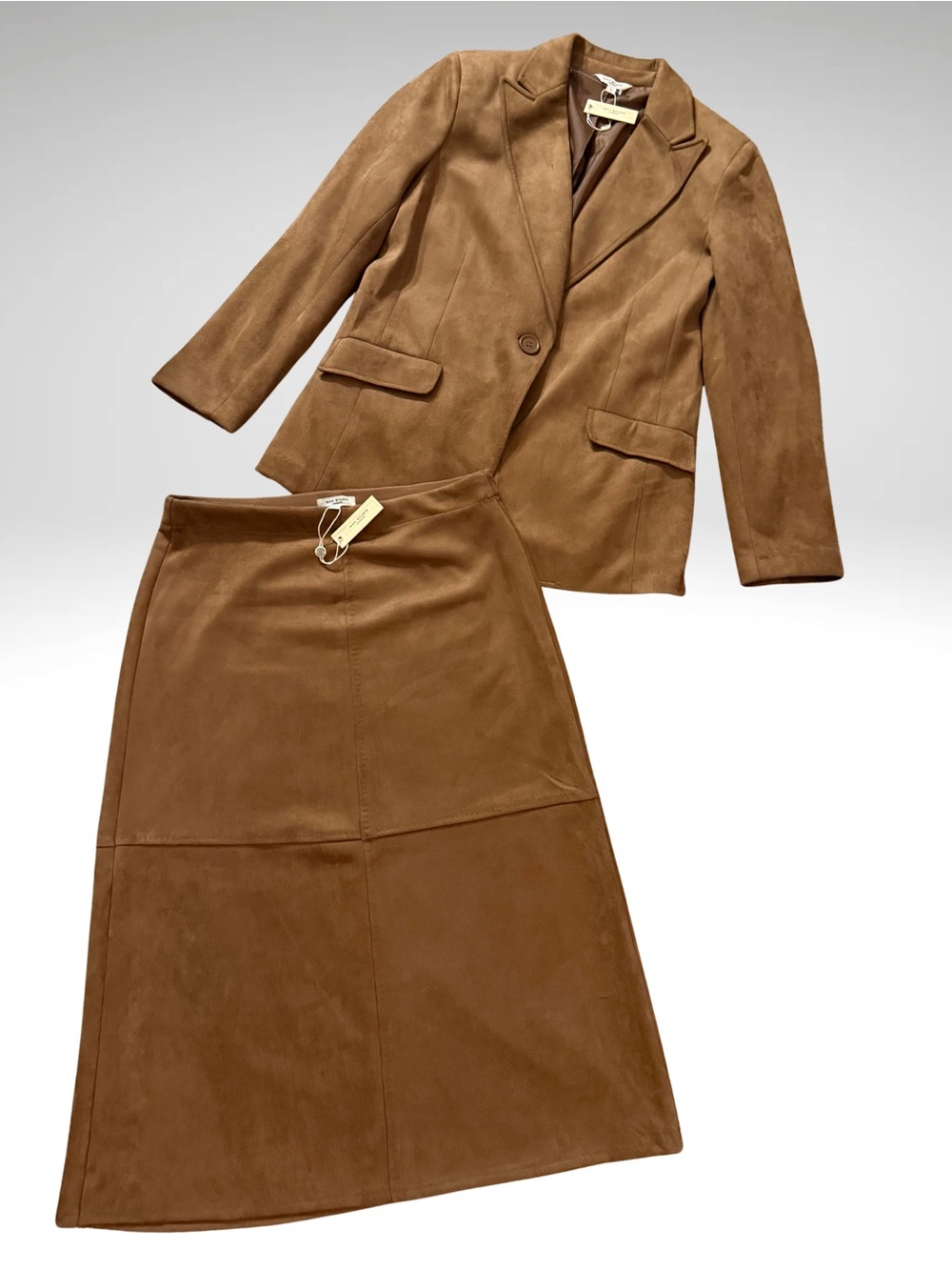 Women's Brown Suede A-Line Skirt and Blazer Set - Classic Neutral